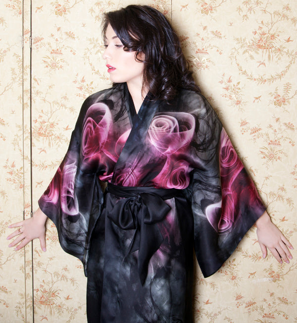 Silks by Christine have a superior look and feel. The silk Smoky Rose kimono and gown by Christine exemplify these qualities.