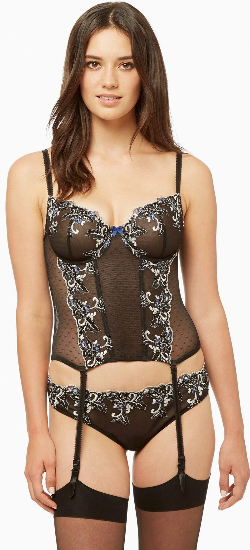 Blush Lingerie's new corset has to be seen to be truly appreciated. Check out the ultimate, sexy Midnight Garden demi corset with garters and a thong.