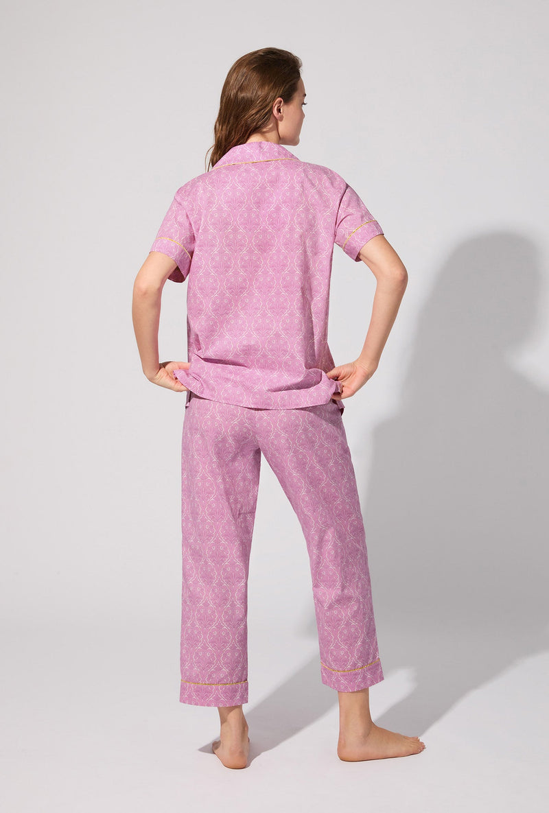 Colette Short Sleeve Classic Woven Cotten Poplin Cropped PJ Set