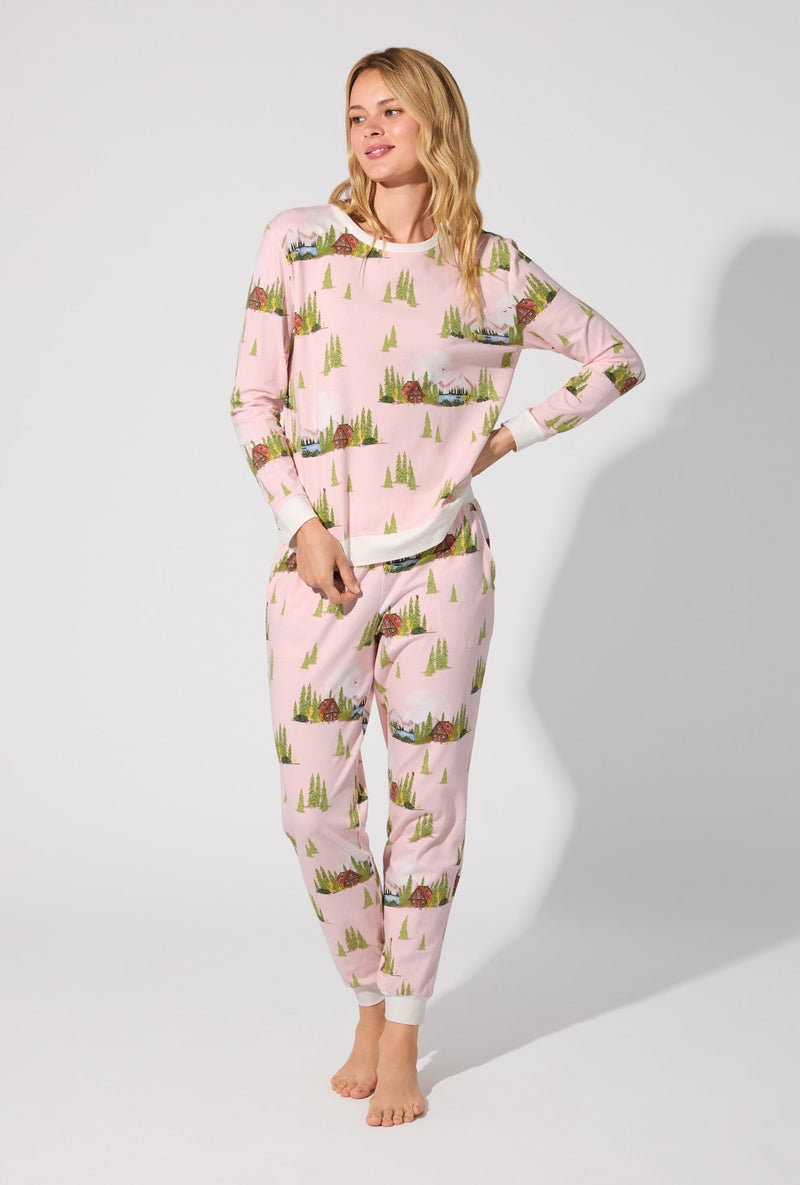 Pine Lake Long Sleeve Pullover Crew and Jogger Stretch Cotton Jersey PJ Set