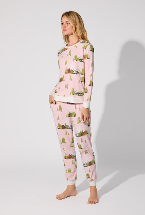 Pine Lake Long Sleeve Pullover Crew and Jogger Stretch Cotton Jersey PJ Set