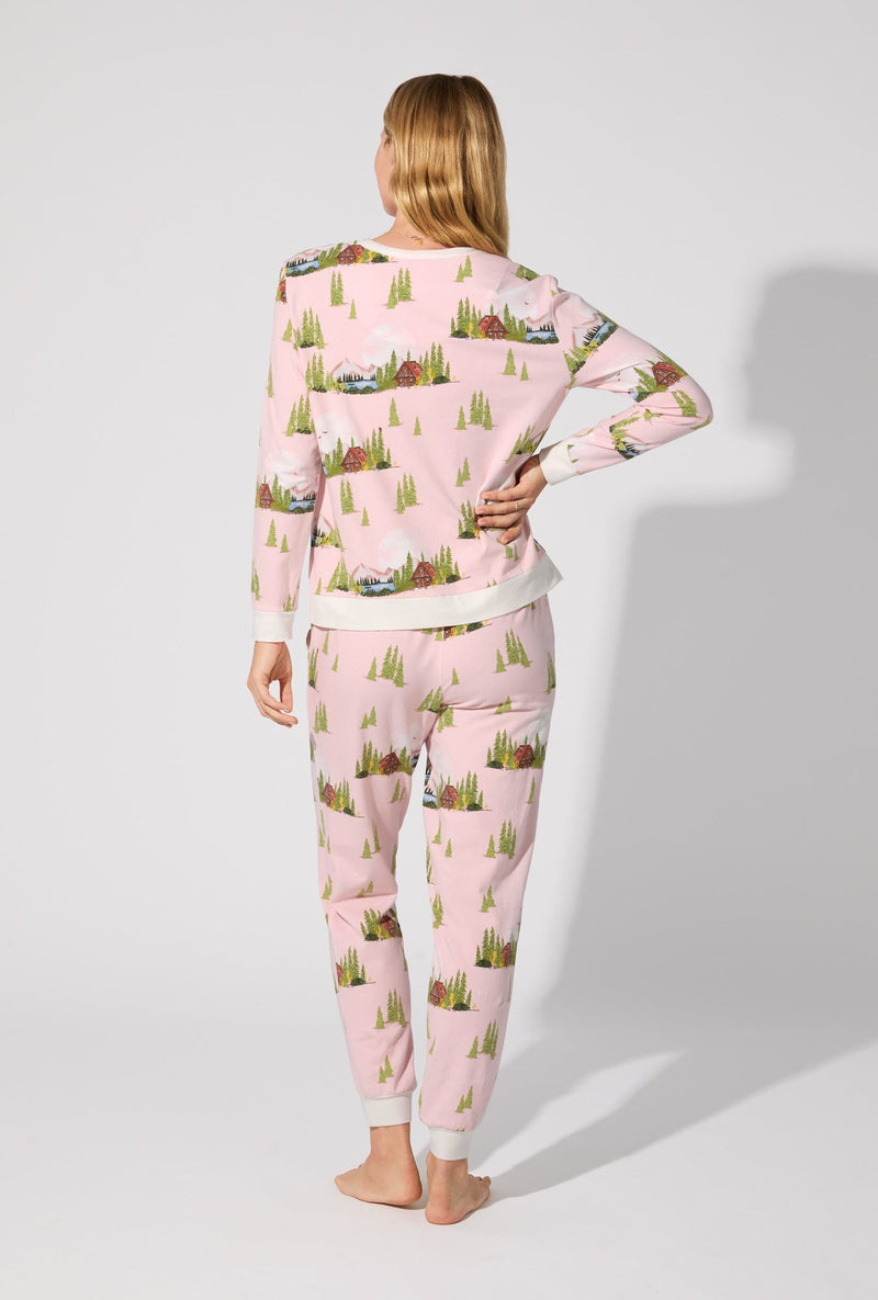 Pine Lake Long Sleeve Pullover Crew and Jogger Stretch Cotton Jersey PJ Set