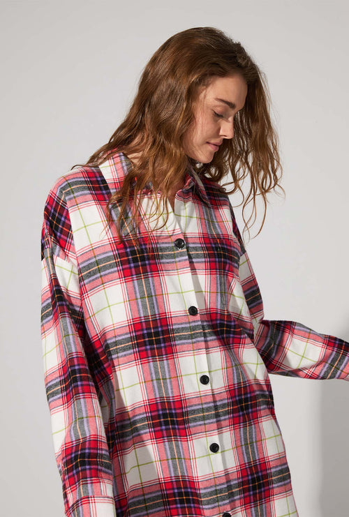 Equestrian Plaid High Low Woven Cotton Portuguese Flannel Boyfriend Shirt
