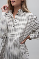 Long Sleeve Sleep Shirt White with Uneven Black Stripe- 100% Cotton