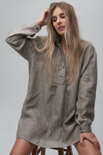 Long Sleeve Sleep Shirt Natural with Black Stripe-100% Linen