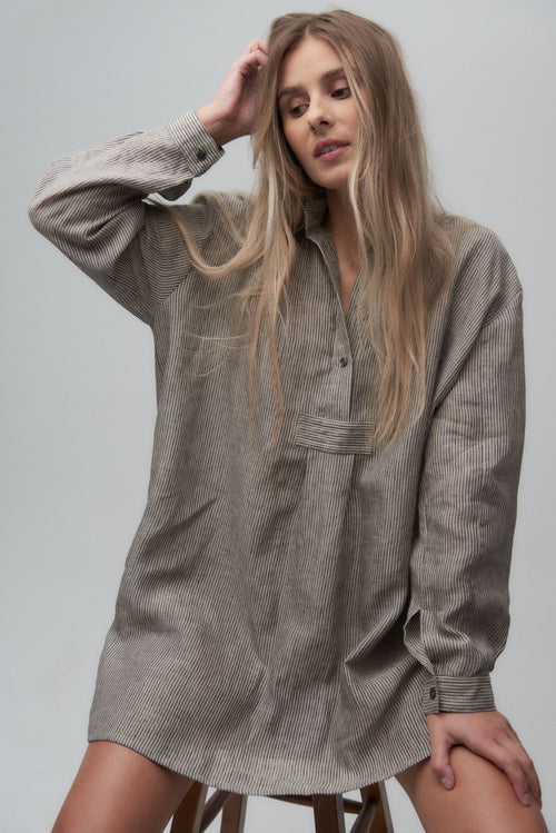 Long Sleeve Sleep Shirt Natural with Black Stripe-100% Linen